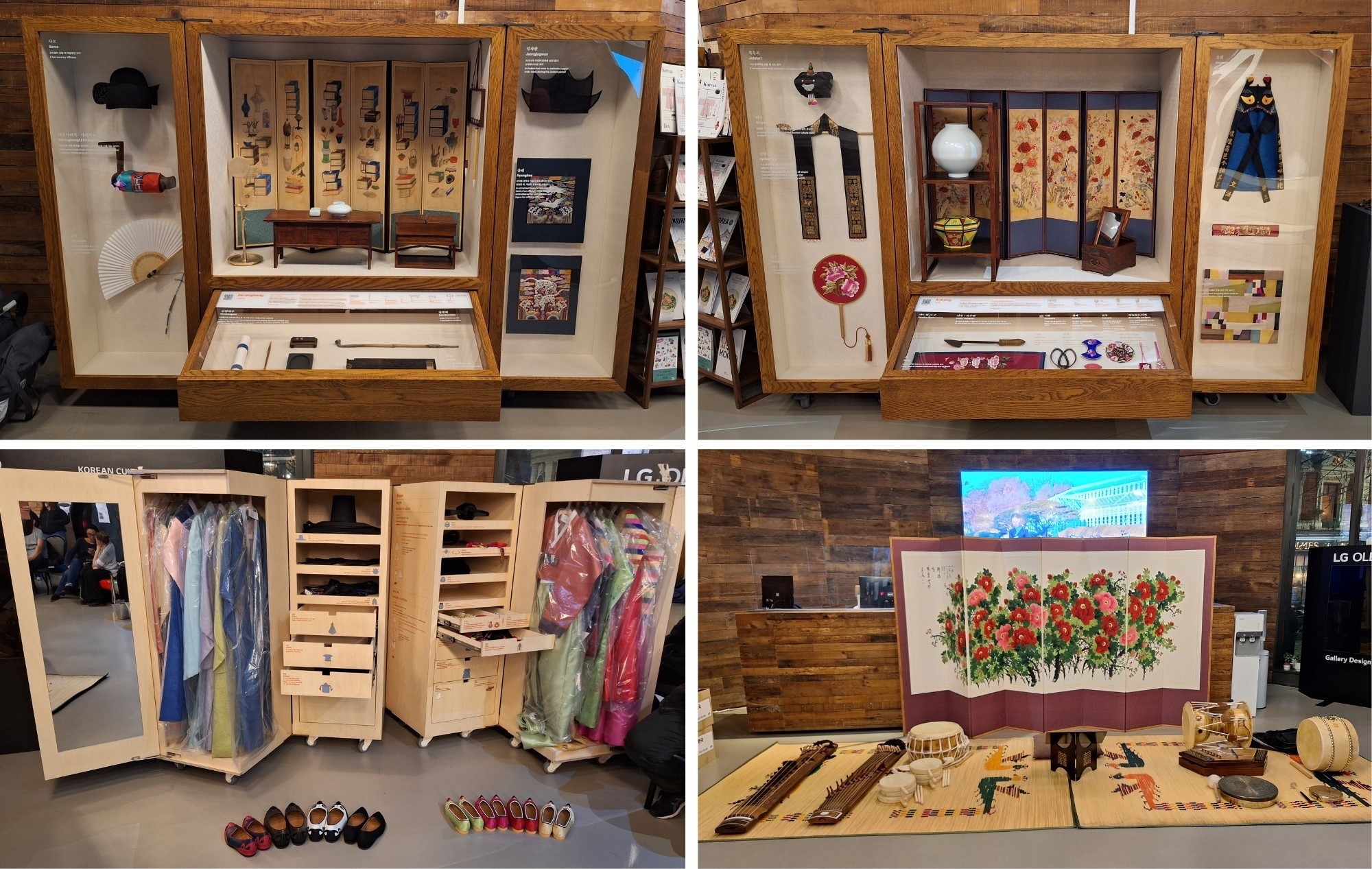 The exhibition boxes displayed (clockwise from the top left) sarangbang, anbang, hanbok trial and traditional musical instruments were also introduced.