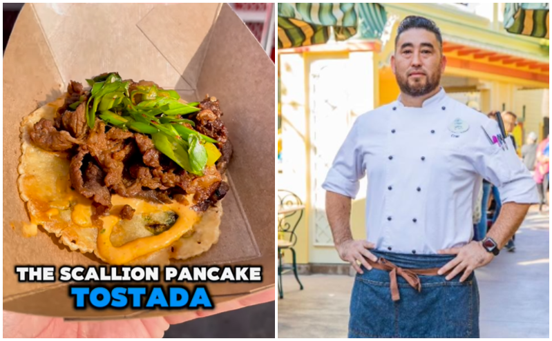 Left: A screenshot from an Instagram Reel shared by D*Kababayan about the scallion pancake tostada at Disney California Adventure Park. (D*Kababayan) / Right: Chef Daniel “Duke” Brown. (Daniel “Duke” Brown)