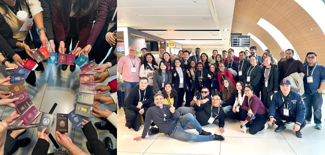 Journalists bonded over shared interests, displaying their passports (left) and taking a group photo together after the conference.