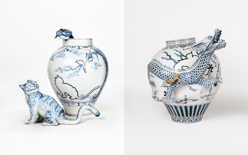 Blue and white porcelain jar featuring an escaped tiger and a magpie (left). Blue and white porcelain jar with an escaping flying dragon and the character Ah (right). 