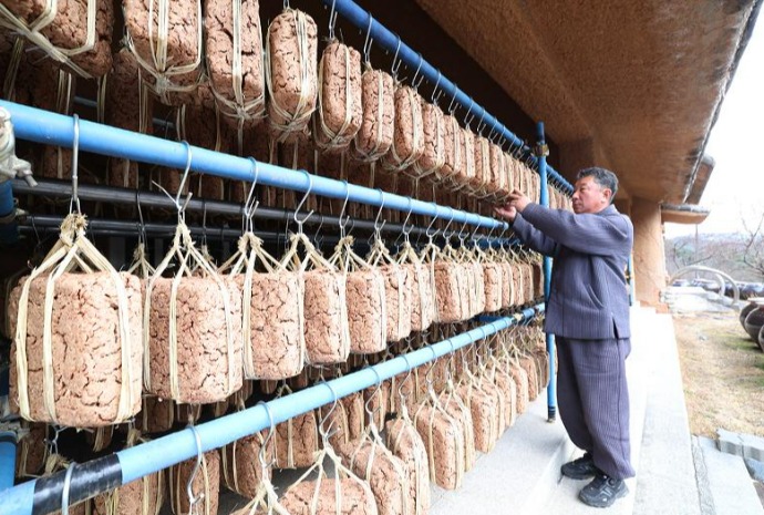 Ripening dried soybean bricks with wind, sun