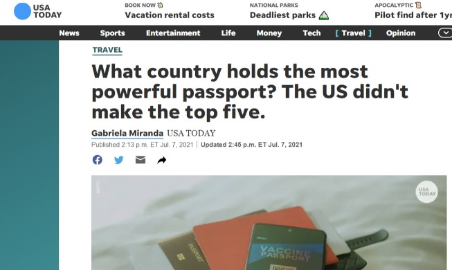 Korean passport is world's 3rd most powerful: USA Today