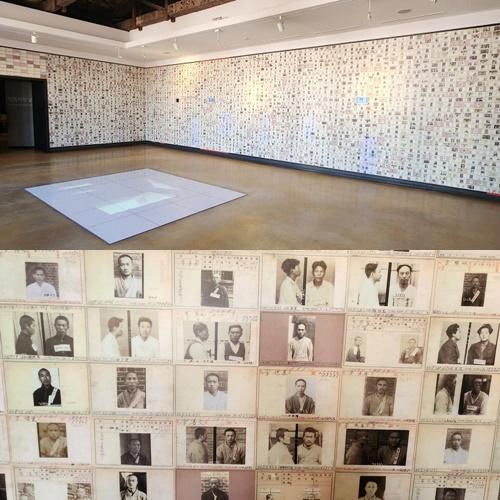 A wall at Seodaemun Prison History Hall (top photo) is covered with the mugshots of independence activists imprisoned there, with a close-up show in the bottom photo. (Lee Jihae)